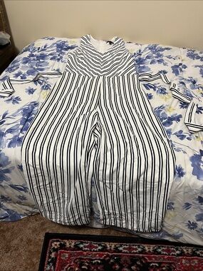 Banana Republic Black & White Striped V-Neck Wide-Leg Jumpsuit